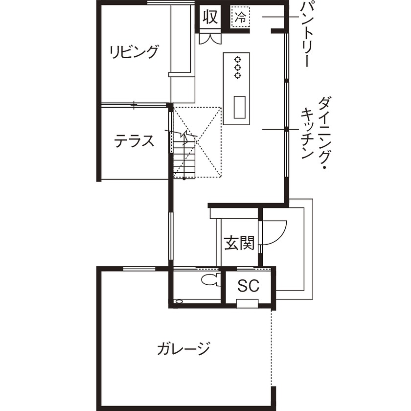 スタジオ・チッタ 【4380万円／41.1坪／間取り図有り】プライバシーを守り、自然とつながる。中庭を抱くガレージハウスの間取り図（3LDK）1階