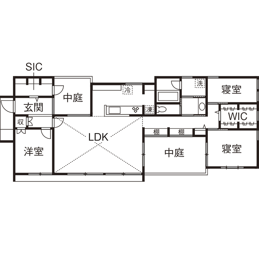 スタジオ・チッタ 【2620万円／29.4坪／間取り有／中庭／平屋】2つの中庭がもたらす光と開放感。リゾート気分を愉しむ平屋の間取り図（3LDK）1階