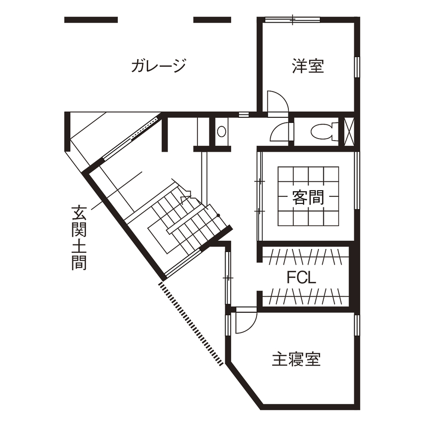 スタジオ・チッタ 【3500万円／40坪／間取り有／ガレージハウス】変形地ならではの奥行き間取りがユニークな2階リビングの家の間取り図（3LDK）1階