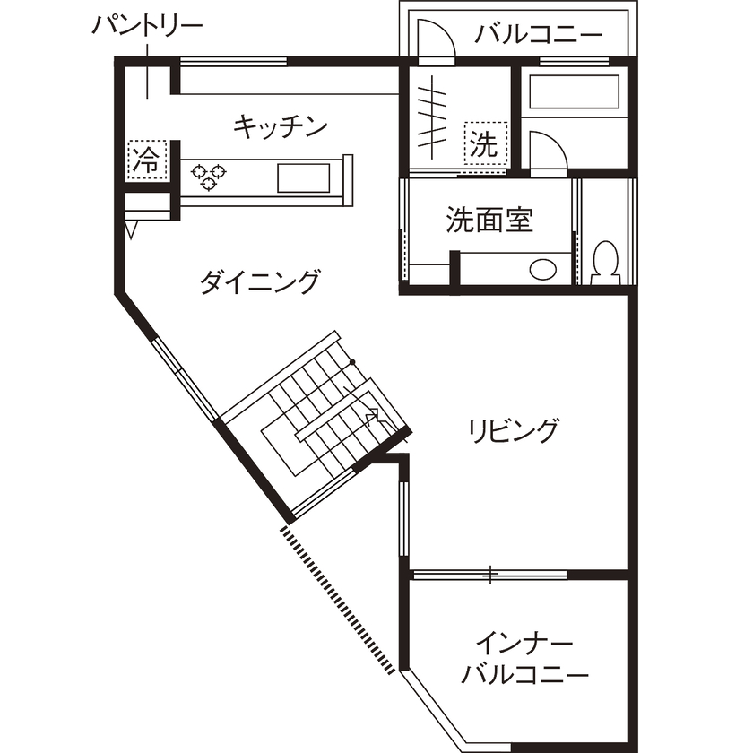 スタジオ・チッタ 【3500万円／40坪／間取り有／ガレージハウス】変形地ならではの奥行き間取りがユニークな2階リビングの家の間取り図（3LDK）2階