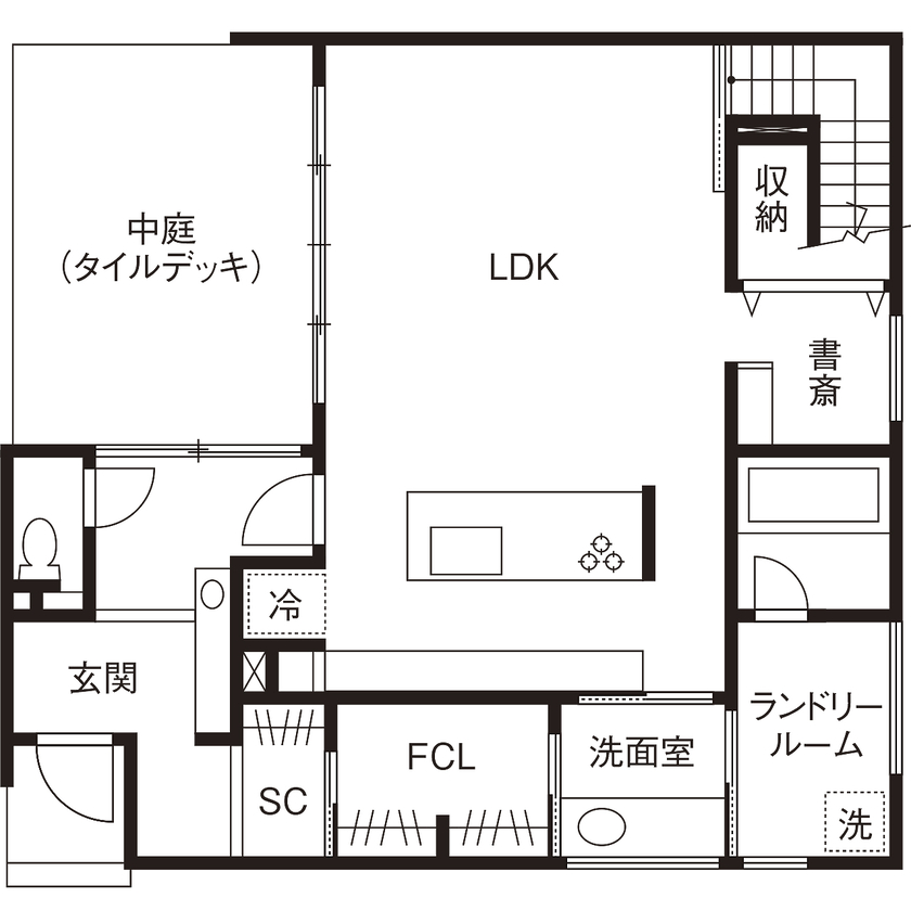 スタジオ・チッタ 【3100万円／37.6坪／間取り有／回遊動線】ウチに開く中庭が光と開放感をもたらす居心地のよい住まいの間取り図（4LDK）1階