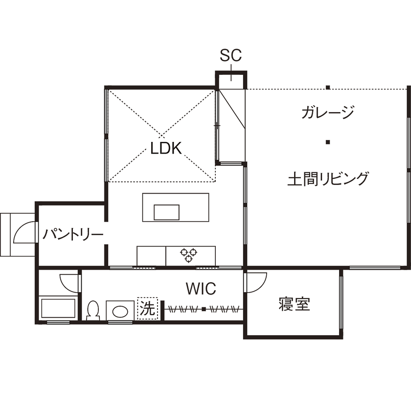 スタジオ・チッタ 【2630万円／25.4坪／間取り有／平屋】クルマ好きが叶えた超機能的でミニマルデザインのガレージハウスの間取り図（1LDK）1階