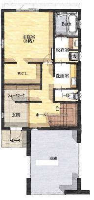 JOYハウス（西條産業） <小樽市/3LDK/カーポート>細長い土地を有効的に活かした設計力の光る、2階リビングの家の間取り図（3LDK）1階
