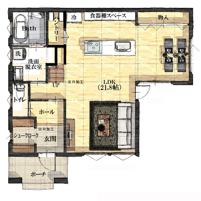 JOYハウス（西條産業） <虻田郡/フレンチカントリー風>ヨーロッパの街並みを再現！友人も呼べる広々LDKでときめく暮らしをの間取り図（4LDK）1階