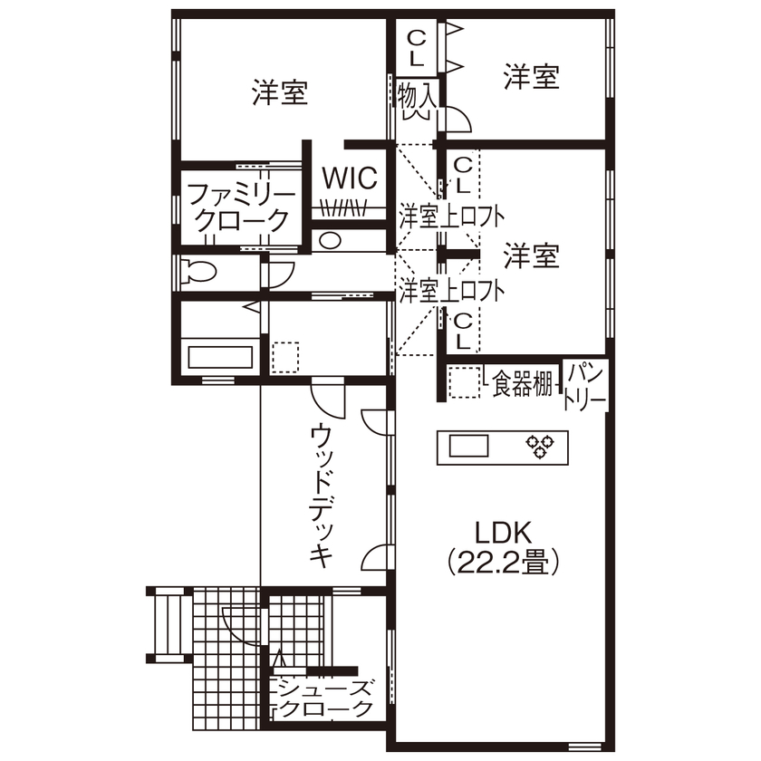 JOYハウス（西條産業） <小樽市/平屋/ウッドデッキ>吹上天井が開放的！駆け回る子どもたちを安心して見守れる子育てしやすい住まいの間取り図（4LDK）1階