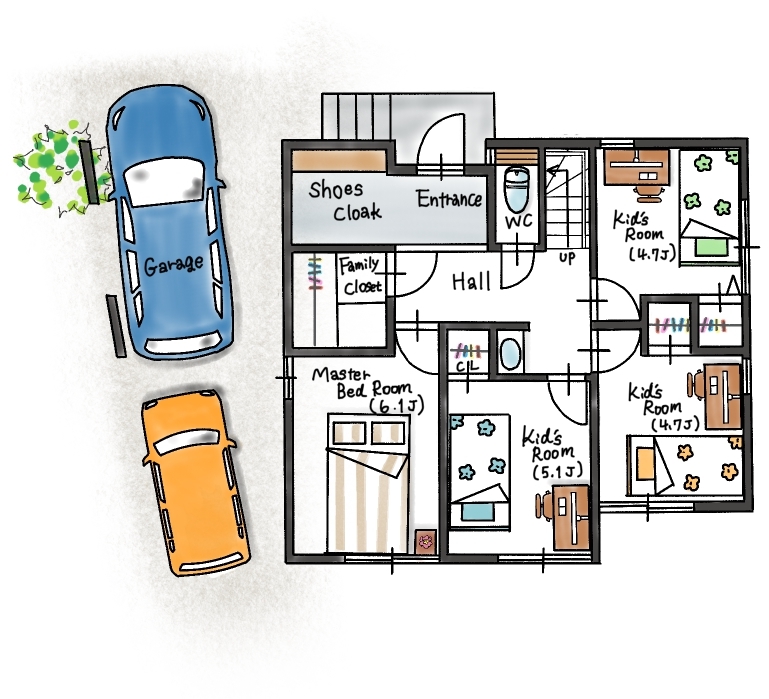 ハウスイズム建築設計事務所 【間取り有/ビルトインガレージ】セカンドリビングは愛犬と過ごす癒しの時間。夜は夫婦で語らうバータイムの間取り図（4LDK）1階