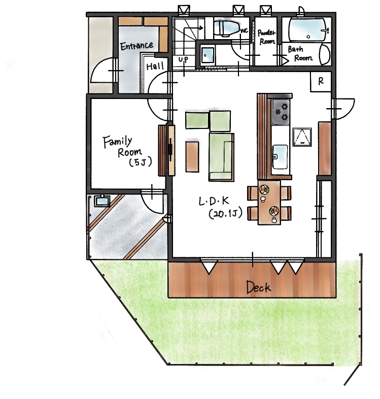 ハウスイズム建築設計事務所 【2270万円/30坪台/間取り有】BBQも水遊びも、思いのままに。リビングと庭がつながる、季節を楽しむ暮らしの間取り図（3LDK）1階