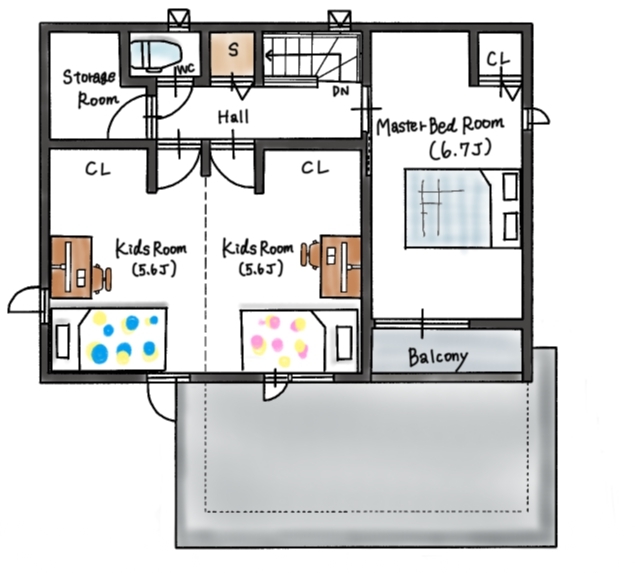ハウスイズム建築設計事務所 【2270万円/30坪台/間取り有】BBQも水遊びも、思いのままに。リビングと庭がつながる、季節を楽しむ暮らしの間取り図（3LDK）2階