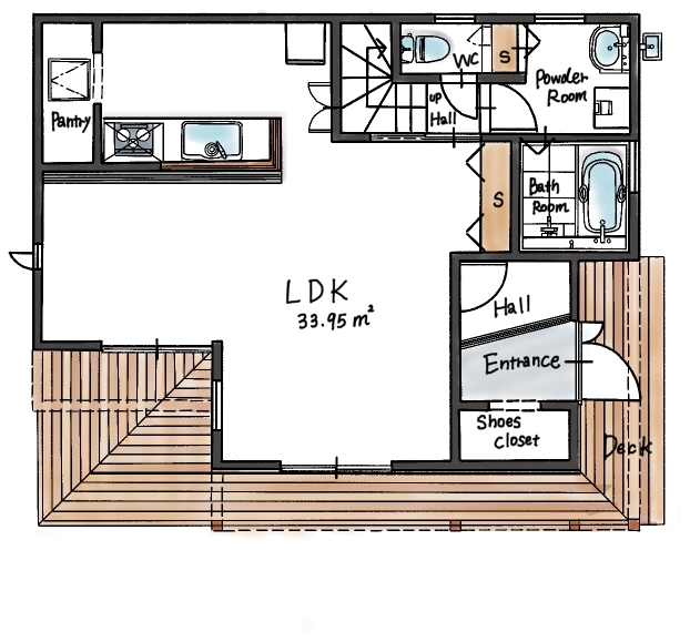 ハウスイズム建築設計事務所 【2150万円/間取り有/サーファーズハウス】ウッドデッキで囲む食卓。家族も友人も集まる、西海岸スタイルの間取り図（3LDK）1階