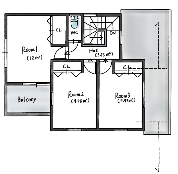 ハウスイズム建築設計事務所 【2150万円/間取り有/サーファーズハウス】ウッドデッキで囲む食卓。家族も友人も集まる、西海岸スタイルの間取り図（3LDK）2階