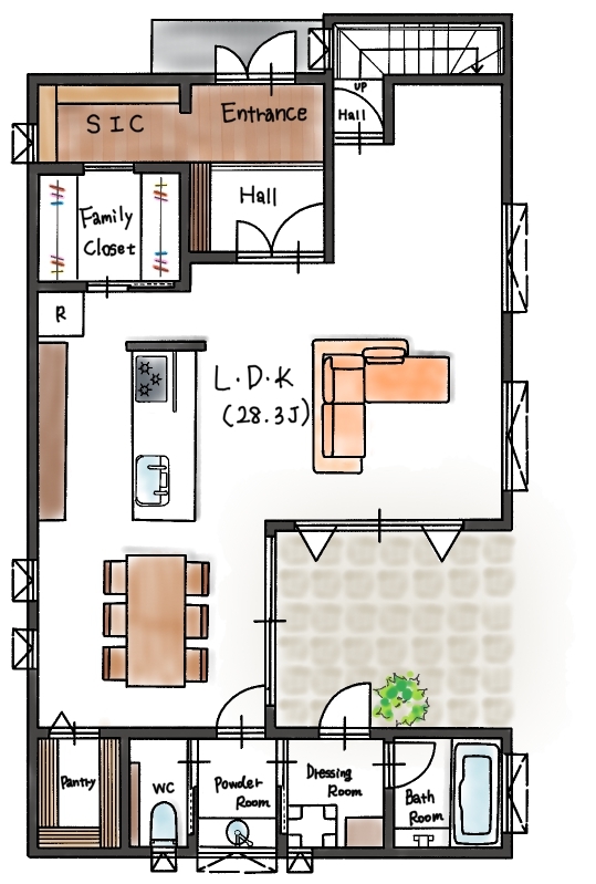 ハウスイズム建築設計事務所 【2670万円/40坪台/間取り有】中庭で家族や友人とBBQ。コの字型の家が、外と中をやさしくつなぐの間取り図（3LDK）1階