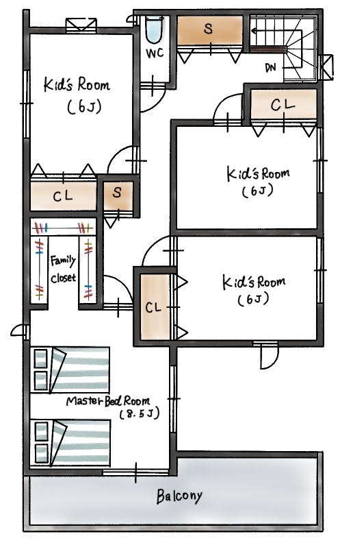 ハウスイズム建築設計事務所 【2670万円/40坪台/間取り有】中庭で家族や友人とBBQ。コの字型の家が、外と中をやさしくつなぐの間取り図（3LDK）2階