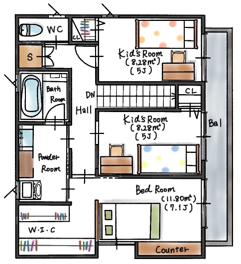ハウスイズム建築設計事務所 【2180万円/30坪台/間取り有】自転車のまま玄関土間へ。趣味と暮らしが自然につながる、遊び心満載の家の間取り図（3LDK）2階