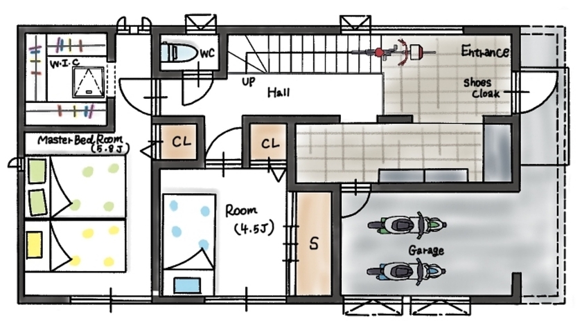 ハウスイズム建築設計事務所 【2230万円/間取り有】バイクを磨き、釣り道具を整える。ガレージで趣味に没頭できる、自分だけの秘密基地の間取り図（2LDK）1階