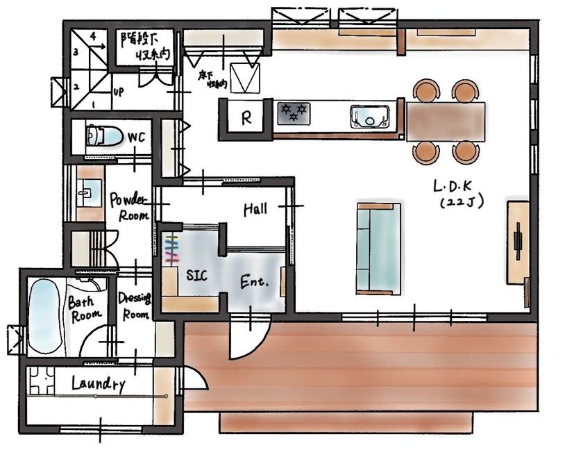 ハウスイズム建築設計事務所 【2700万円/30坪台/平屋風/間取り有】ハンモックに揺られながら、風を感じる。ウッドデッキが家族の特等席の間取り図（3LDK）1階