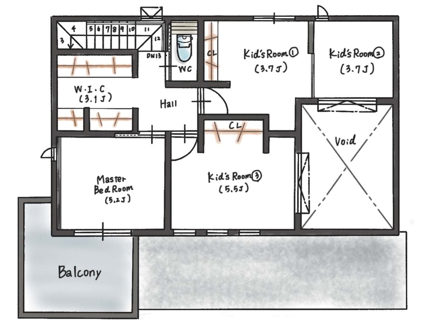ハウスイズム建築設計事務所 【2700万円/30坪台/平屋風/間取り有】ハンモックに揺られながら、風を感じる。ウッドデッキが家族の特等席の間取り図（3LDK）2階