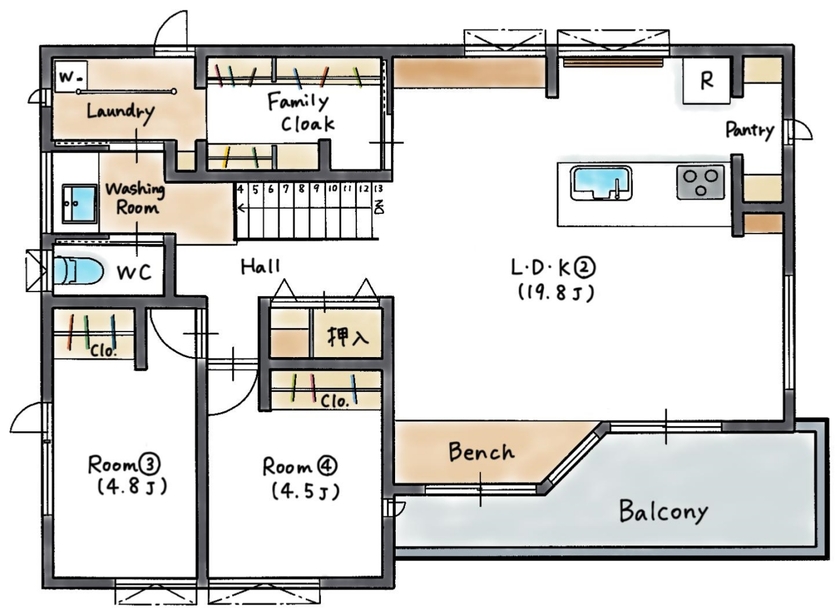 ハウスイズム建築設計事務所 【3044万円/40坪台/間取り有】キッチンから見える斜めの窓。料理の合間に、空の色を楽しむひとときの間取り図（2LDK＋2LDK＋趣味室）2階