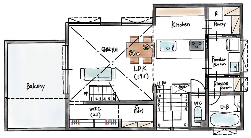 ハウスイズム建築設計事務所 【間取り図有】リビングからつながるバルコニーで乾杯！プール遊びやBBQを楽しみながら、最高のひとときの間取り図（3LDK）2階