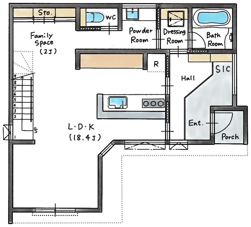 ハウスイズム建築設計事務所 【2500～2999万円/間取り有】ただいまからすぐにお風呂、そして食卓へ。家族の時間をスムーズにつなぐ家の間取り図（3LDK）1階