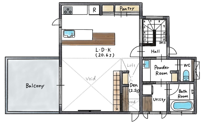 ハウスイズム建築設計事務所 【2700万円台/間取り有】焼きたてのおつまみと映画に浸る。海を一望するバルコニーで、心ほどける晩酌時間の間取り図（3LDK）2階