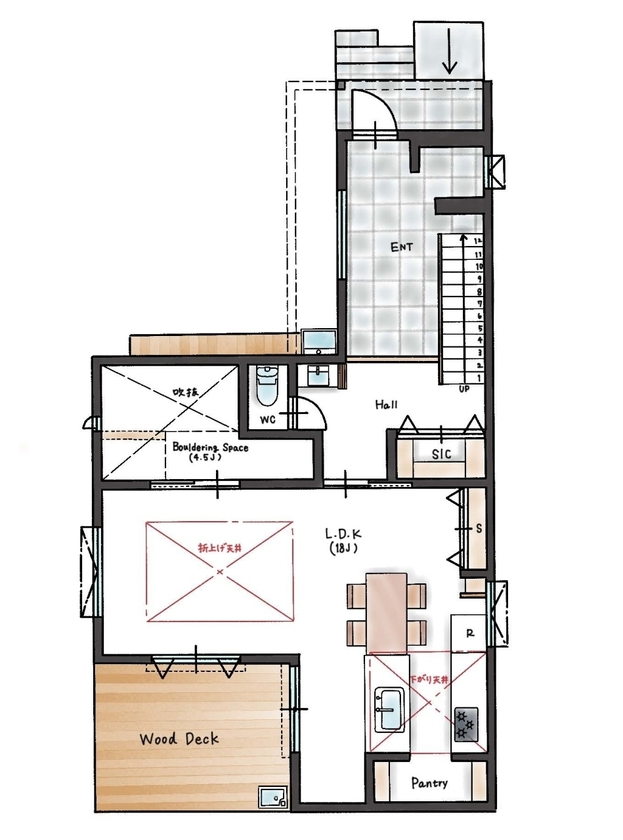 ハウスイズム建築設計事務所 【3247万円/30坪台/間取り有】バーべキューやボルダリングなど、家族一緒にワクワクな毎日を楽しむ理想の家の間取り図（3LDK）1階