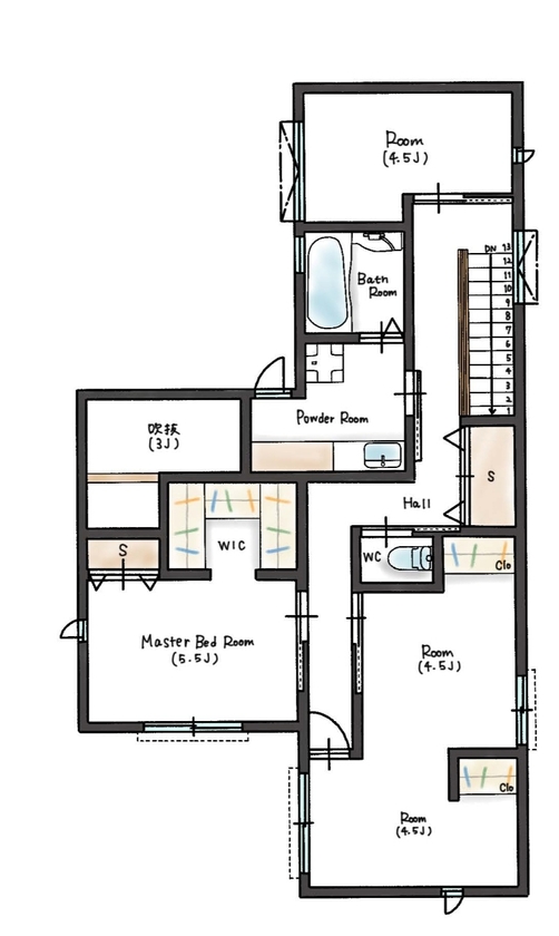 ハウスイズム建築設計事務所 【3247万円/30坪台/間取り有】バーべキューやボルダリングなど、家族一緒にワクワクな毎日を楽しむ理想の家の間取り図（3LDK）2階