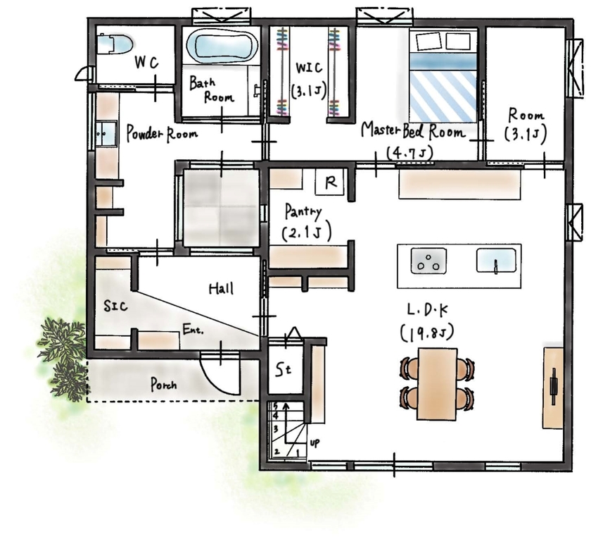 ハウスイズム建築設計事務所 【3000～3499万円/29.9坪/間取り有】美術館のようなリビングで、絵画と炎が彩る至福のひとときの間取り図（2LDK）1階