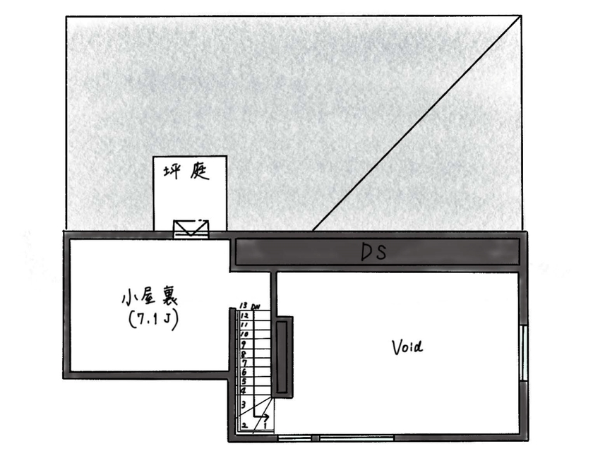 ハウスイズム建築設計事務所 【3000～3499万円/29.9坪/間取り有】美術館のようなリビングで、絵画と炎が彩る至福のひとときの間取り図（2LDK）小屋裏