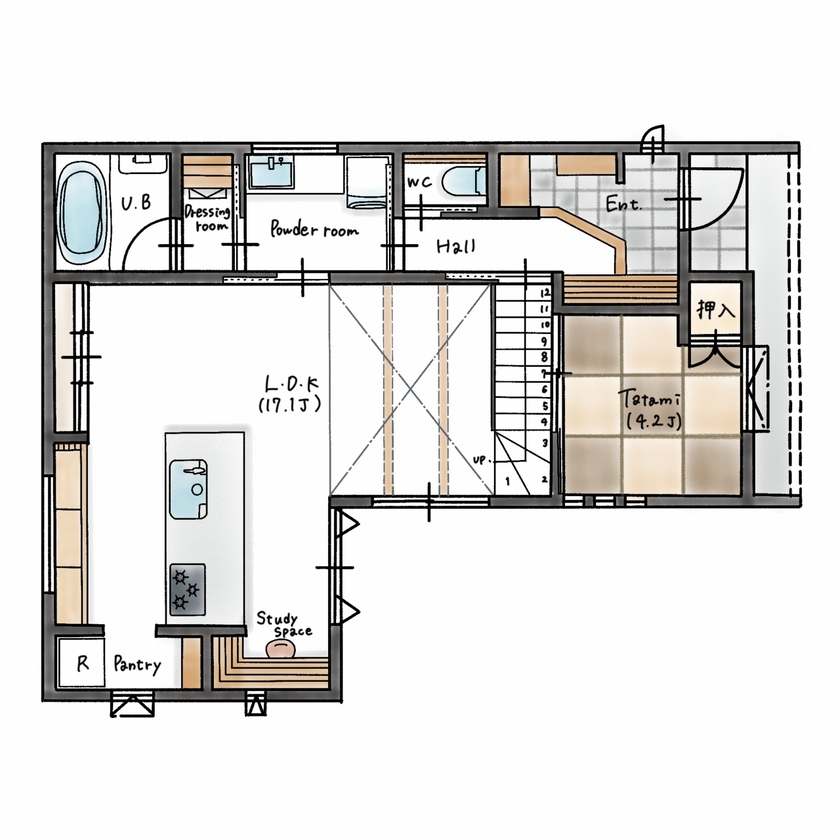 ハウスイズム建築設計事務所 【3000万円台/30.9坪/間取り有】カウンターに腰かけてお酒が楽しめる、バーのようなキッチンがある家の間取り図（4LDK）1階