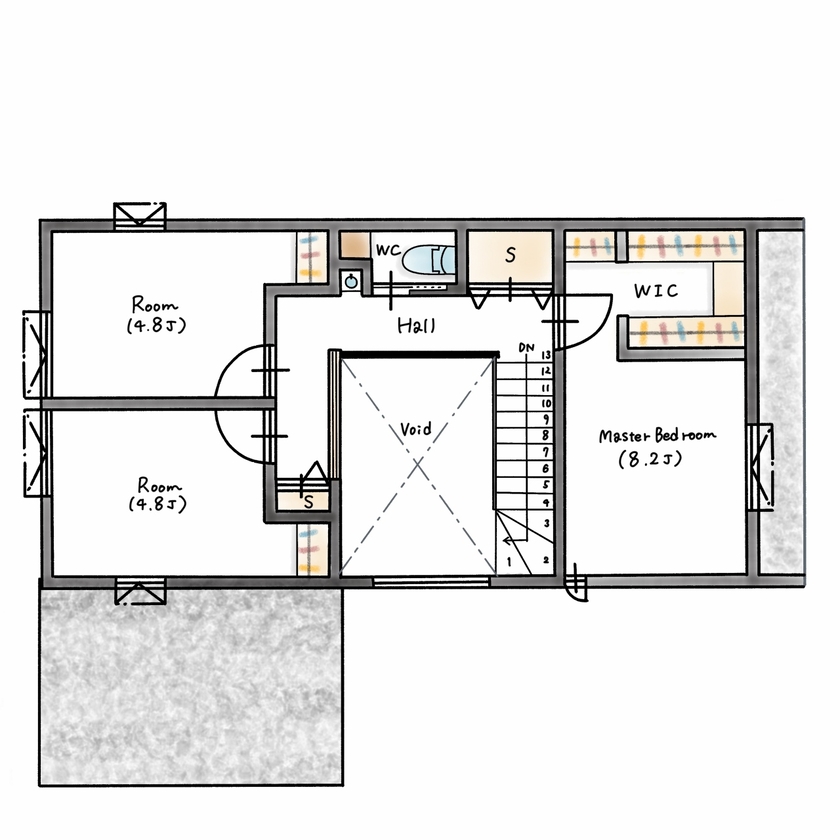 ハウスイズム建築設計事務所 【3000万円台/30.9坪/間取り有】カウンターに腰かけてお酒が楽しめる、バーのようなキッチンがある家の間取り図（4LDK）2階