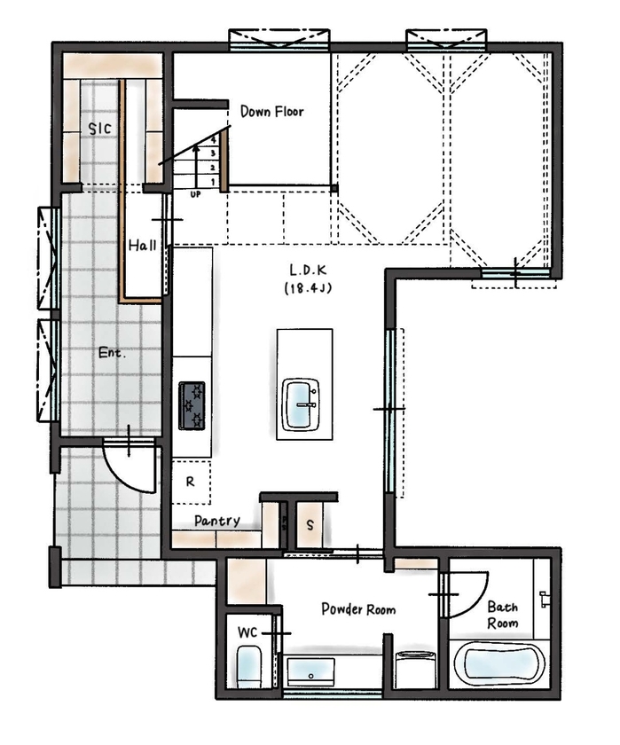 ハウスイズム建築設計事務所 【3100万円台/30坪台/間取り有】唯一無二のデザインや間取り提案に大満足。中庭でBBQを楽しむ夫婦の休日の間取り図（2LDK）1階