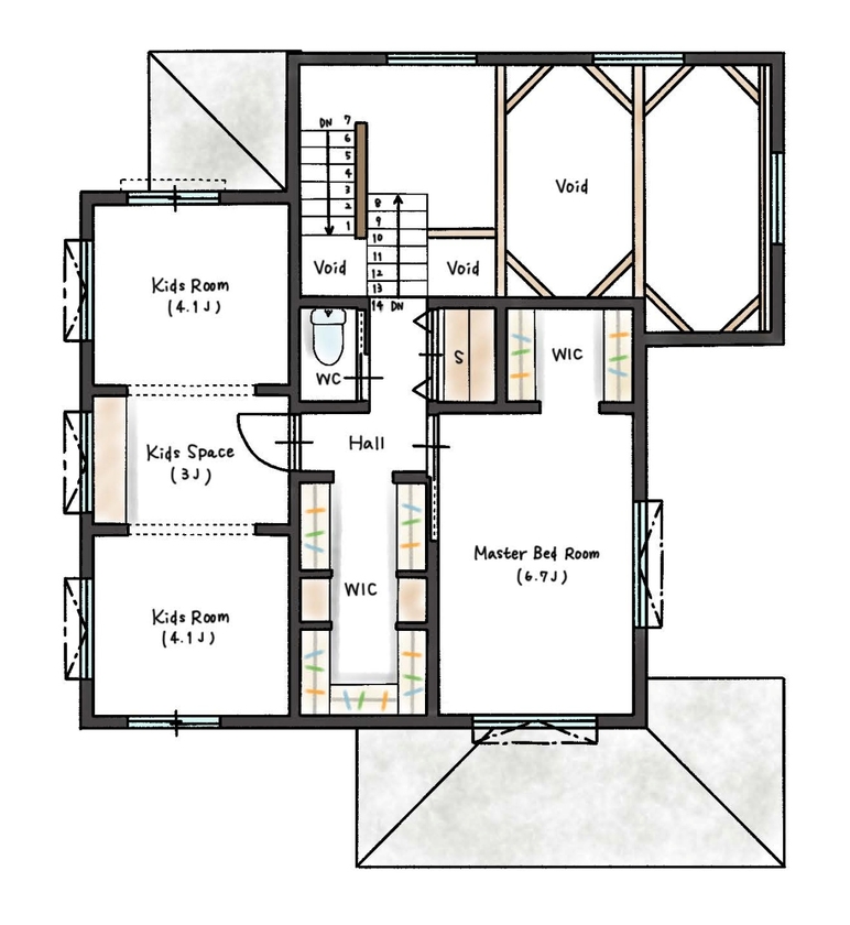 ハウスイズム建築設計事務所 【3100万円台/30坪台/間取り有】唯一無二のデザインや間取り提案に大満足。中庭でBBQを楽しむ夫婦の休日の間取り図（2LDK）2階
