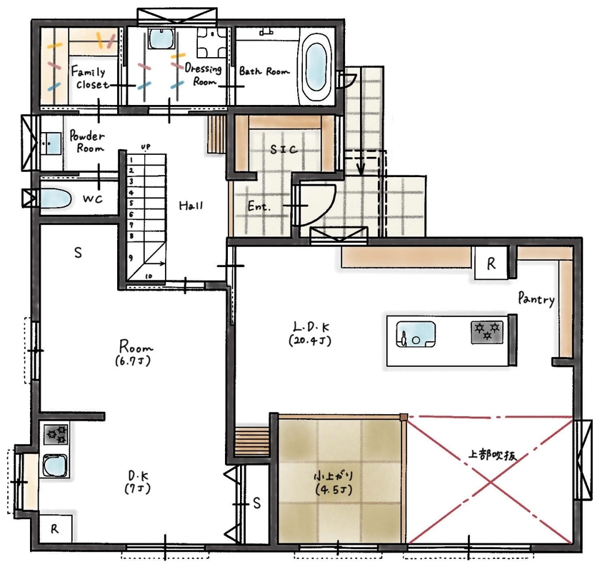 ハウスイズム建築設計事務所 【4000～4499万円/40坪台/間取り有/ガルバ】家族一緒の「おうち時間」が楽しい、祖父母と暮らす二世帯住宅の間取り図（3LDK＋1DK）1階