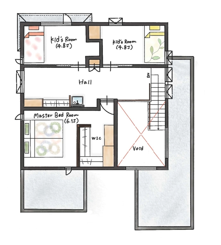 ハウスイズム建築設計事務所 【2500～2999万円/間取り有】段差が生む、こもれる安心感。視線の先には、季節が映る額縁のような窓の間取り図（3LDK）2階