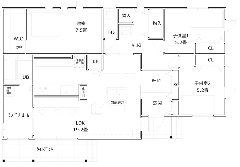 小向建設 【みどり市】カントリー風な平屋の間取り図（3LDK）1階