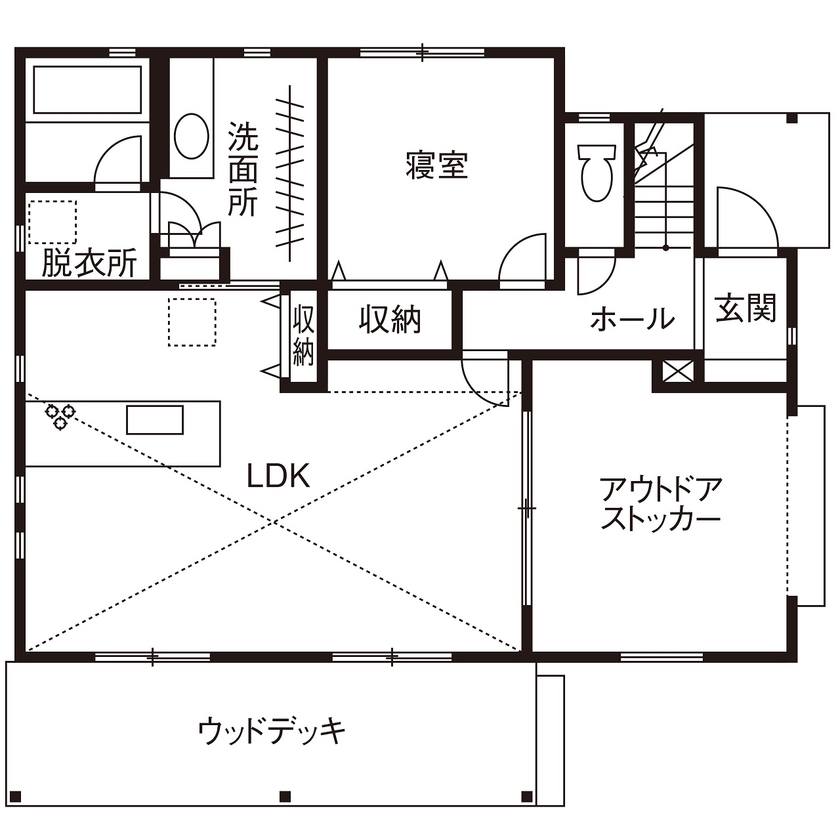 ヒロ建工 【2000万円台/間取り図有/東京都】趣味のバイクを眺めながら暮らす、広いアウトドアストッカーのある家の間取り図（3LDK）1階