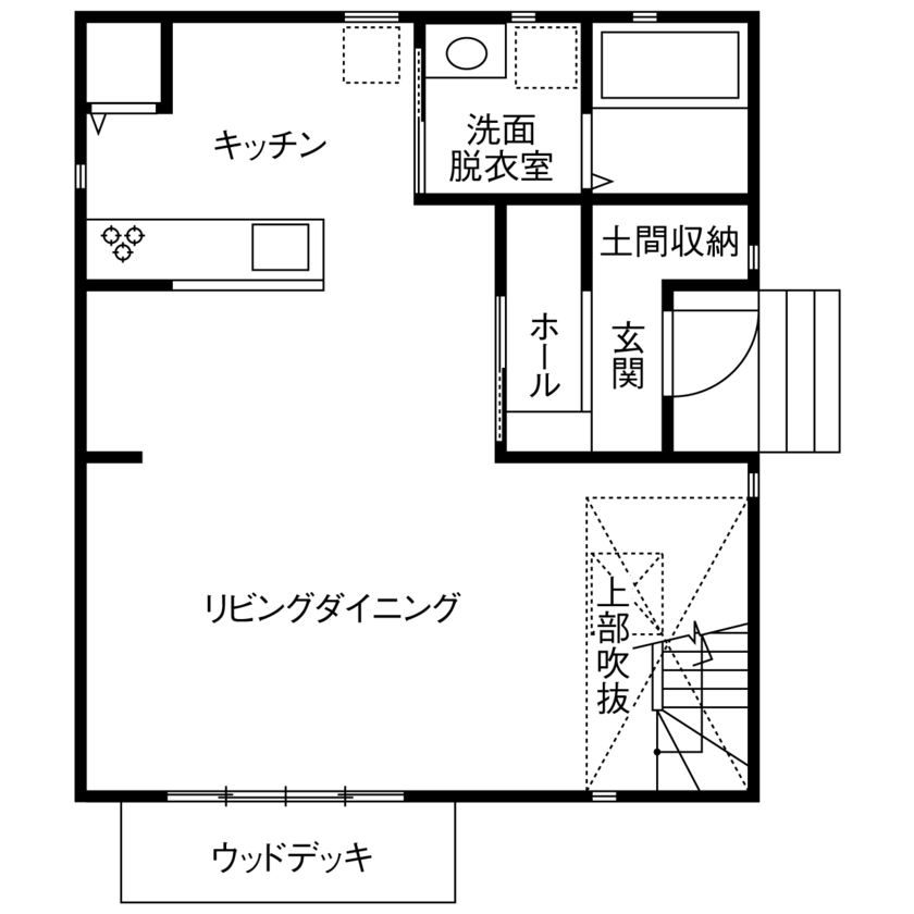 高山マテリアル 【1500万円～1999万円/間取り/吹き抜け/川崎市】開放的な2階建て住宅の間取り図（4LDK）1階