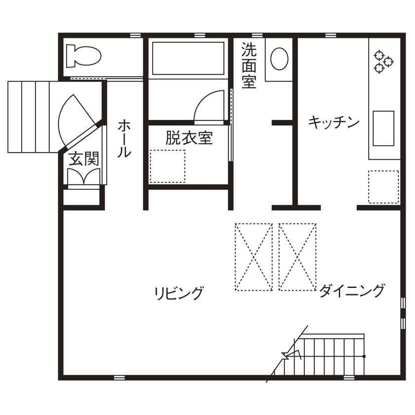 高山マテリアル 【2000万円台／吹き抜け／間取り図有／世田谷区】コンパクトな箱型フォルムの住まいでシンプルに暮らす！の間取り図（2LDK）１階