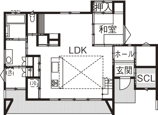 関工務所 【モダン／間取り図あり】ヘリンボーンの床と浮遊する階段をもつ家の間取り図（4LDK）1階