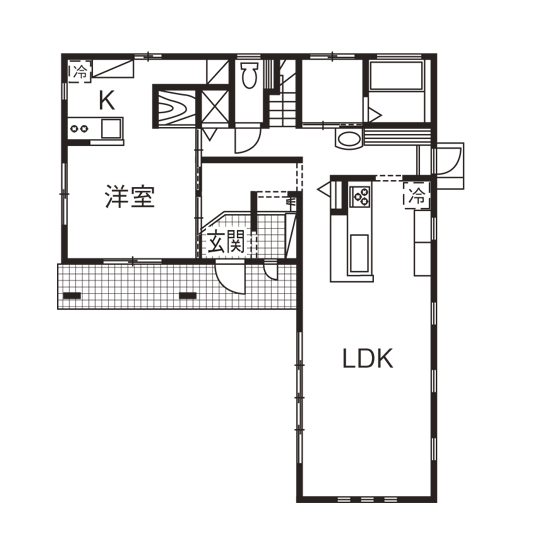 ソーフィールドホーム 可愛いキッチンが自慢のヨーロピアンデザインの家の間取り図（4LDK）1階