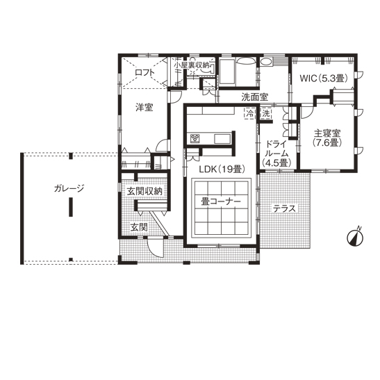ソーフィールドホーム 【本体価格1500～1999万円／平屋／インナーガレージ】ダークカラーで落ち着きのある、シンプルモダンな平屋の間取り図（2LDK）1階