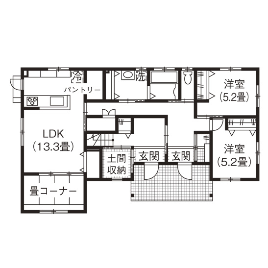 ソーフィールドホーム 空間に遊び心を取り入れて　距離感が心地よい二世帯住宅の間取り図（5K以上）1階