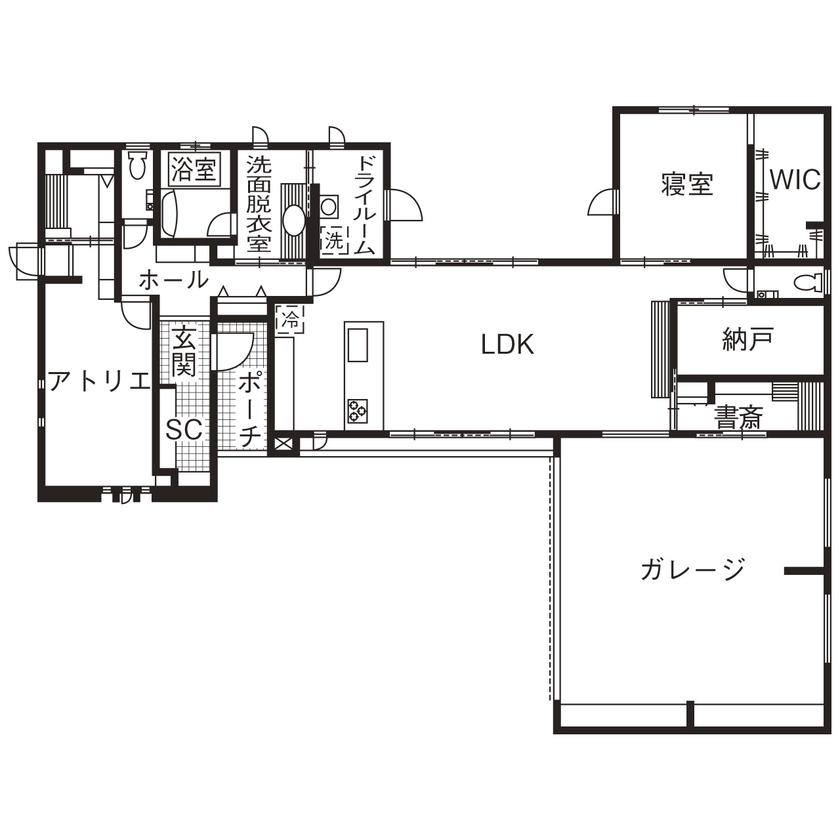 ソーフィールドホーム 【本体価格2500～3000万円 /平屋/ 49.3坪】開放感×高性能で心から寛ぐ、ガレージと繋がる平屋の邸宅の間取り図（2LDK）1階