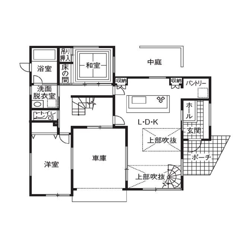 ソーフィールドホーム テーマは「白とガラスの宇宙空間」こだわりを徹底的に叶えた家の間取り図（5K以上）1階