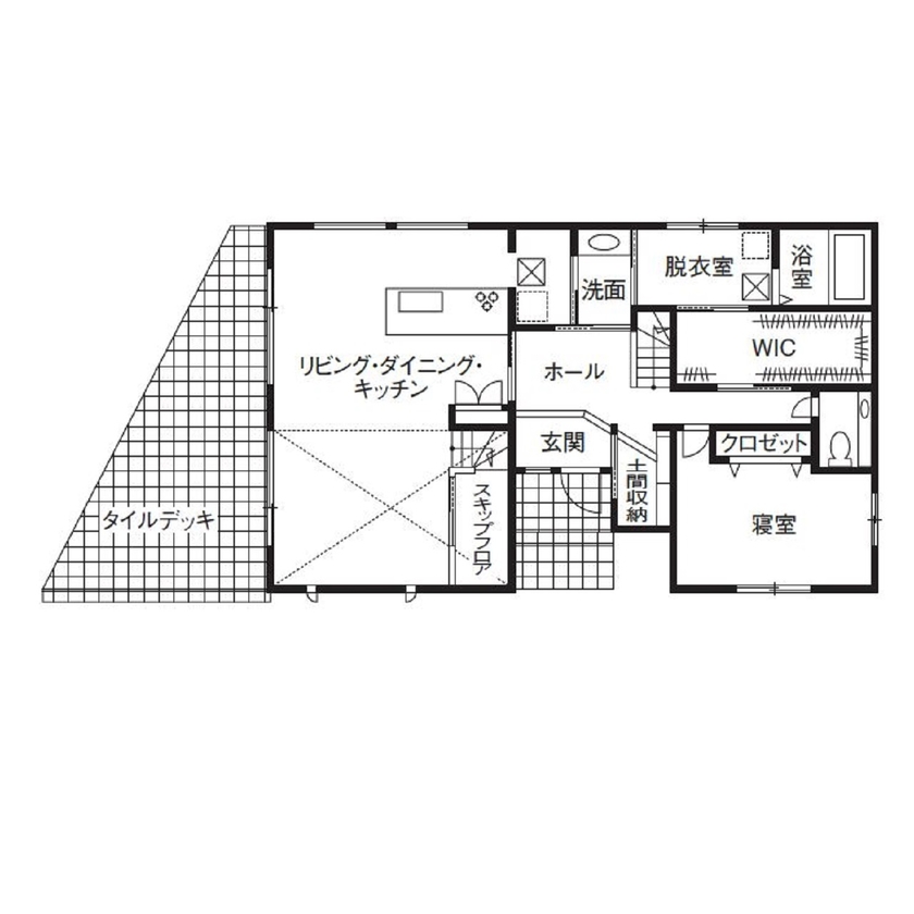 ソーフィールドホーム 各部屋にエアコンを「設置しない」海外ホテルを手本に建てた快適な家の間取り図（4LDK）1階