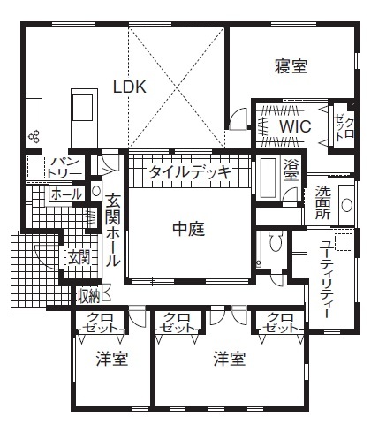 ソーフィールドホーム 【本体価格3500～4000万円/37.8坪】計算されつくした解放感が魅力。中庭中心のロの字プランの間取り図（3LDK）1階