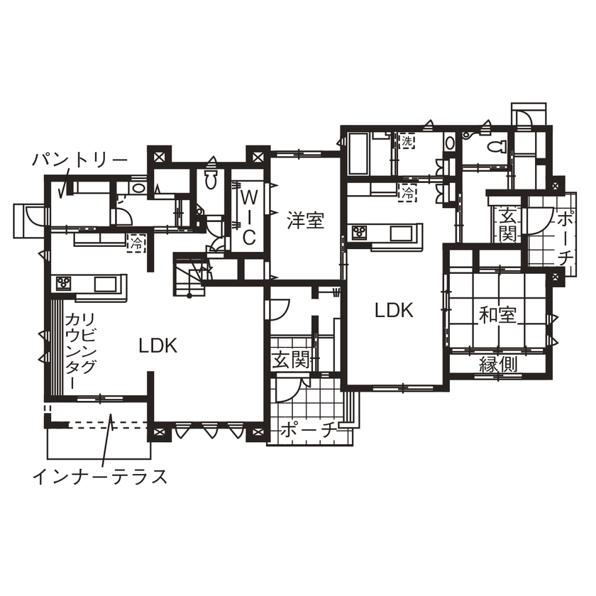 サンワ設計 妥協のない、憧れを叶えた地中海風デザインが目を惹く、家族が自然に集まる二世帯住宅の間取り図（5K以上）1階