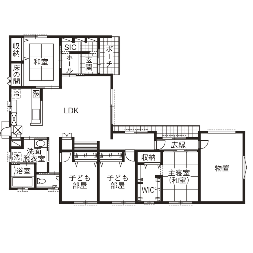 サンワ設計 太陽の光差し込むバイクガレージのある平屋の間取り図（4LDK）1階
