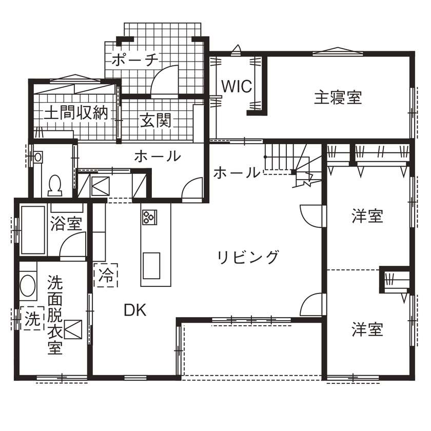 サンワ設計 家族と愛犬が楽しく暮らす広々ウッドデッキのある家の間取り図（3LDK）1階
