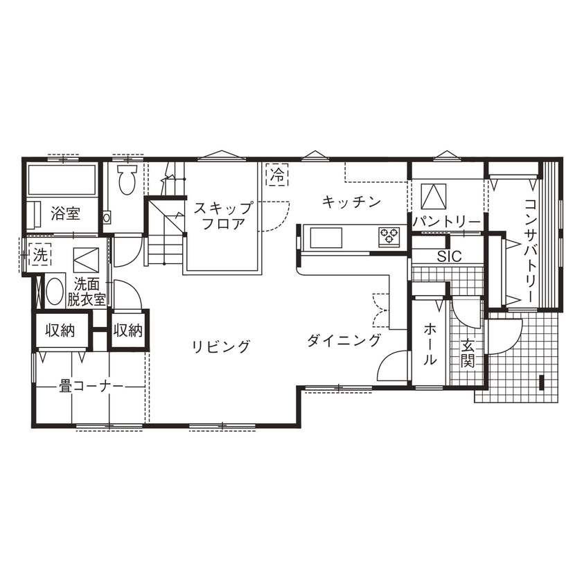サンワ設計 スキップフロアで家族が繋がりコンサバトリーで趣味を楽しむの間取り図（4LDK）1階